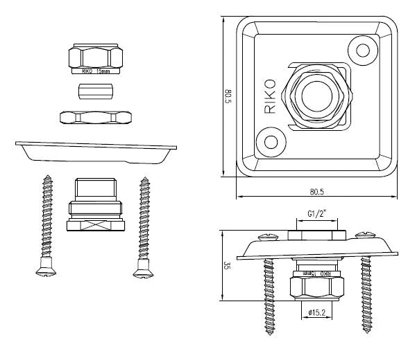 Riko gevelplaat 1/2" x 15 mm chroom - technische tekening