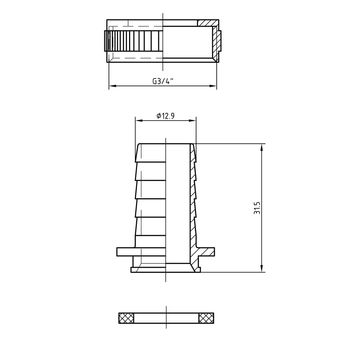 Riko chroom slangwartel set 1/2 x 3/4 - technische tekening