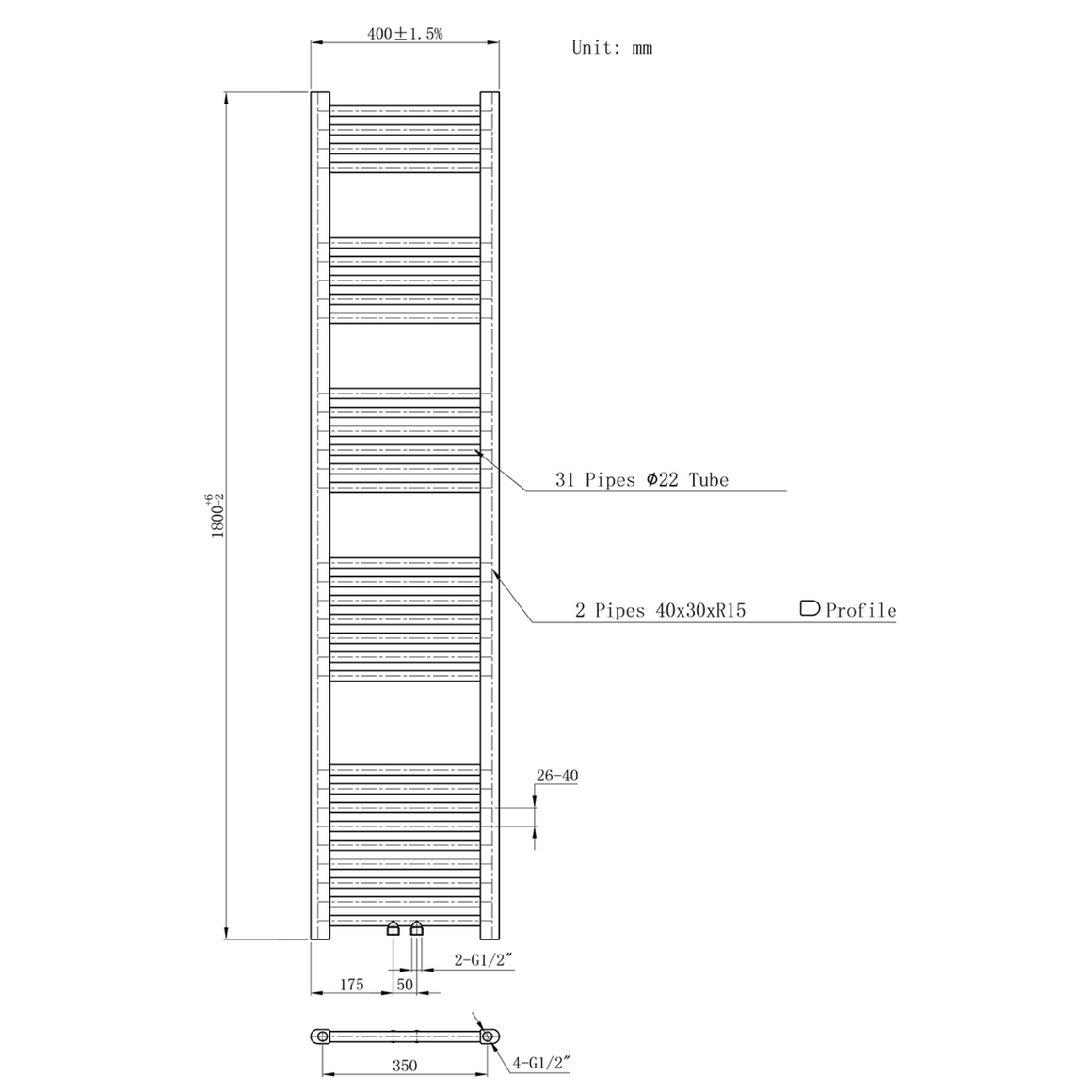 BELRAD Badkamer Radiator Zwart Mat Geborsteld – Middenaansluiting - technische tekening
