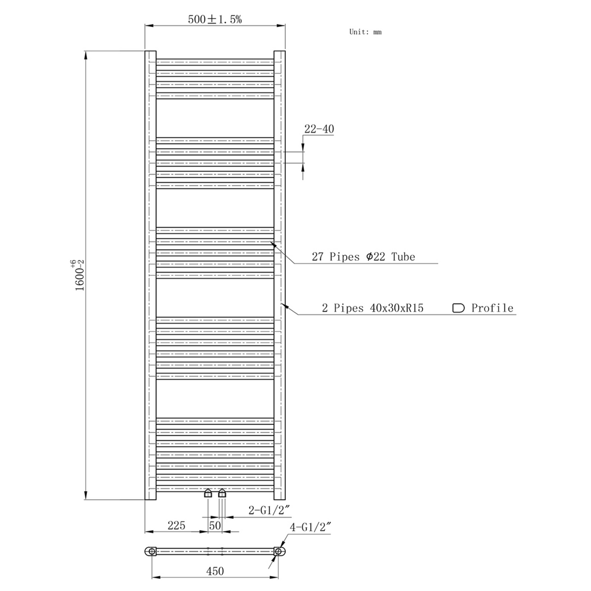 BELRAD Badkamer Radiator Zwart Mat Geborsteld – Middenaansluiting - technische tekening