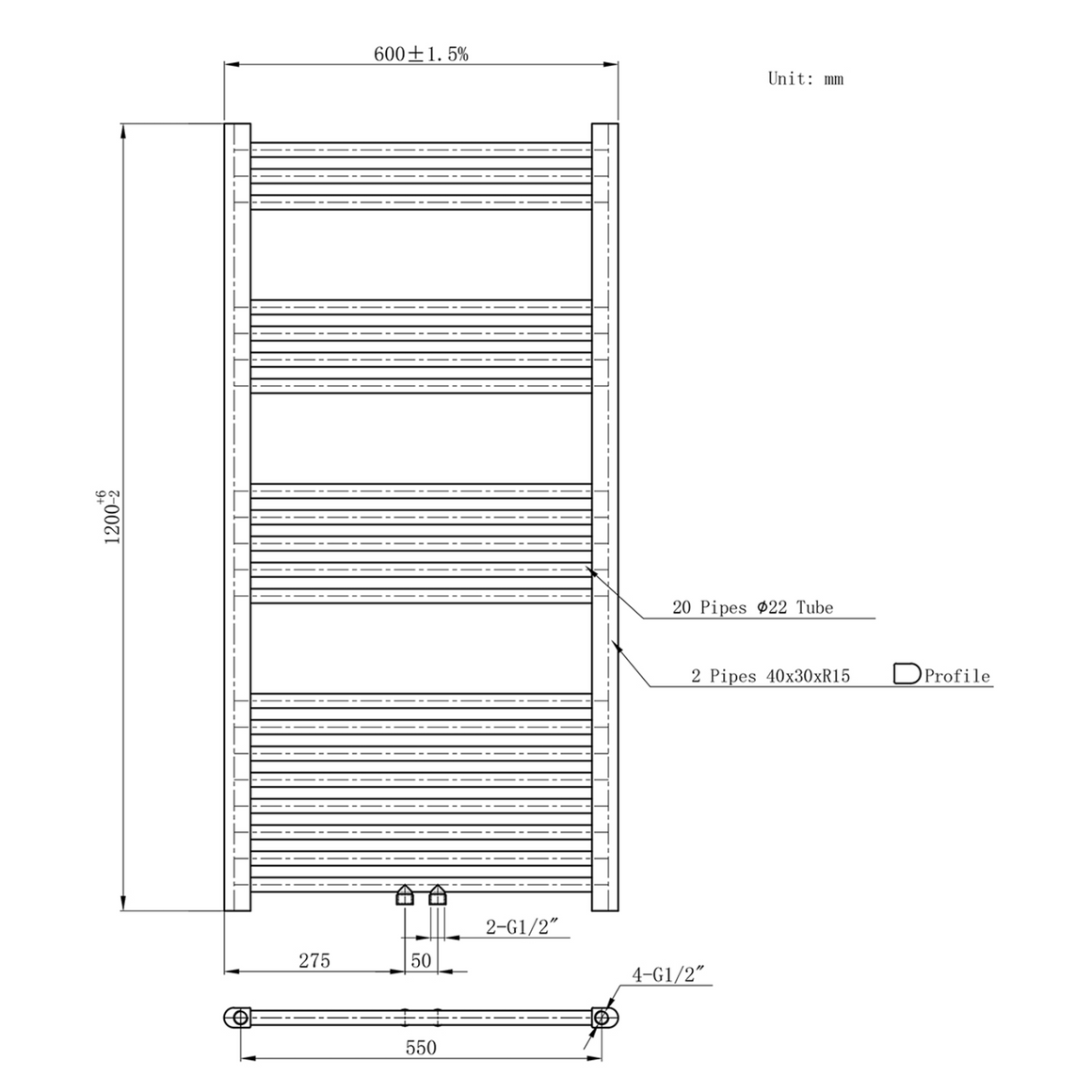 BELRAD Badkamer Radiator Zwart Mat Geborsteld – Middenaansluiting - technische tekening
