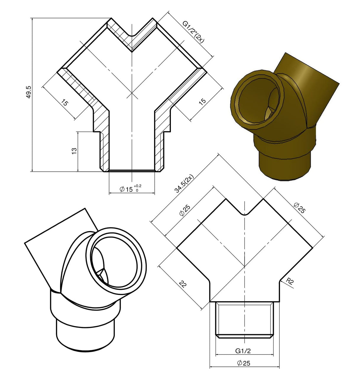 Riko Y-stuk chroom 1/2" bi x bu x bi - technische tekening