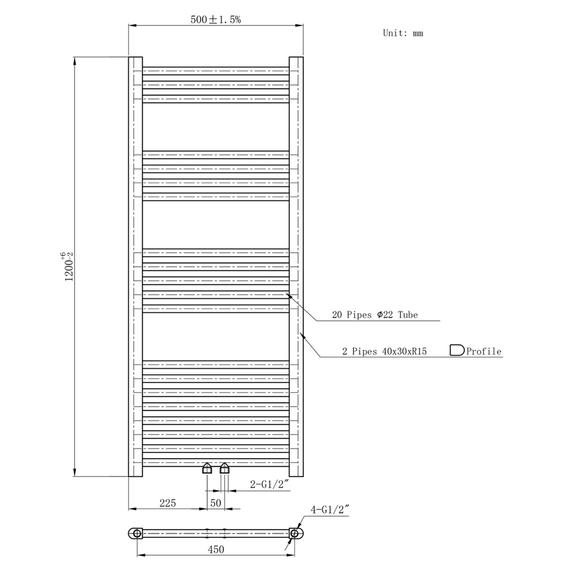 BELRAD Badkamer Radiator Zwart Mat Geborsteld – Middenaansluiting - technische tekening