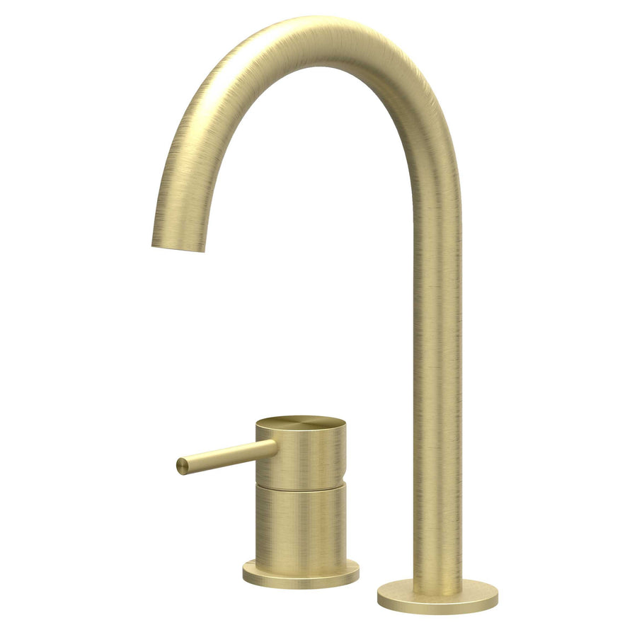 IVY Eenhendel wastafelmengkraan 2-gats bladmontage met uitloop, coldstart, RVS316 gebr. mat goud PVD - productfoto - SKU 6100502