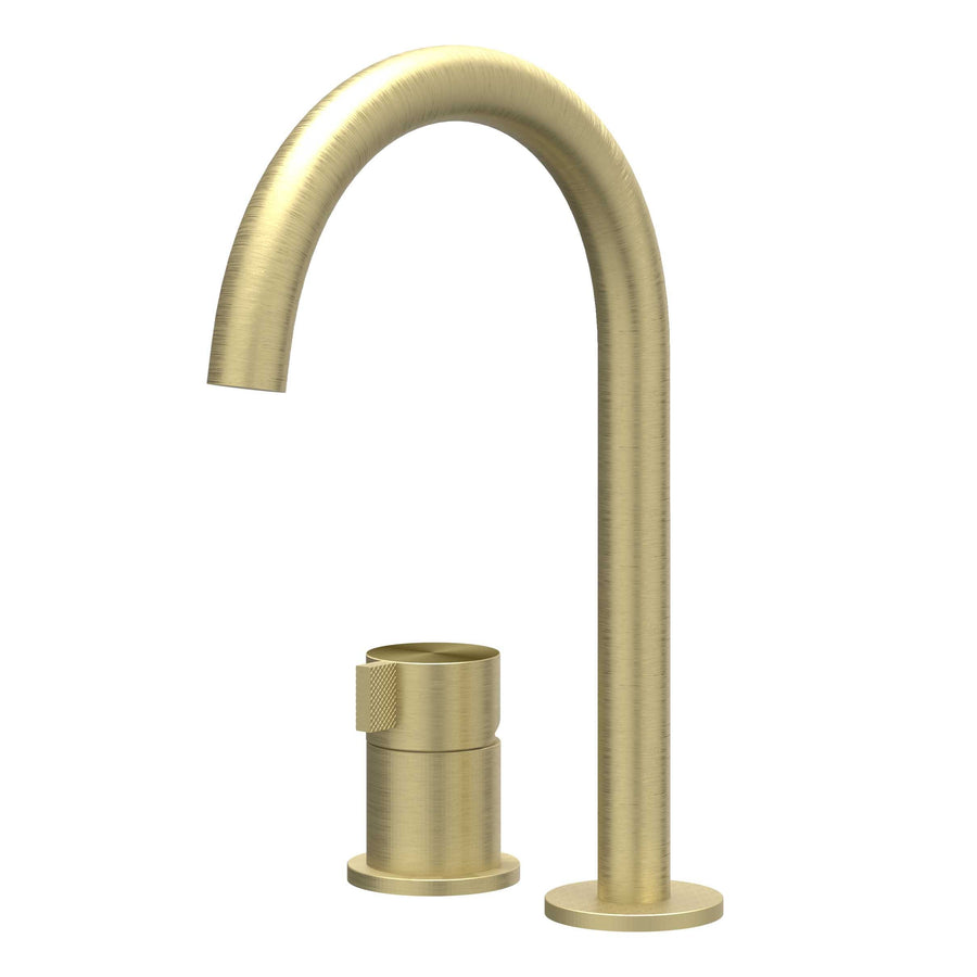 IVY Eenhendel wastafelmengkraan 2-gats bladmontage met uitloop, coldstart, RVS316 gebr. mat goud PVD - productfoto - SKU 6100512