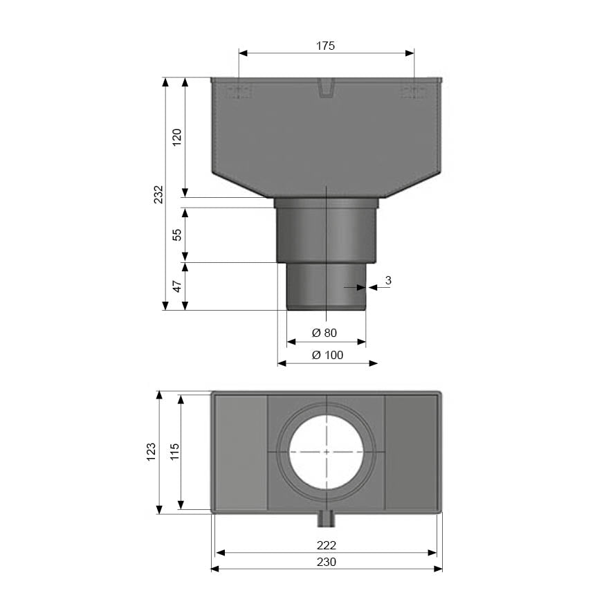 Nicolle HWA vergaarbak 80/100 mm PVC - technische tekening