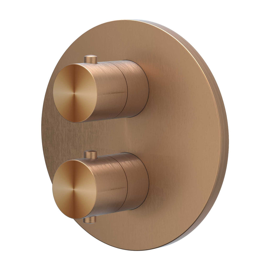 IVY Afbouwdeel inbouwthermostaat met 2-weg stop-omstel met rond rozet, RVS316 gebr. mat koper PVD - productfoto - SKU 6201113