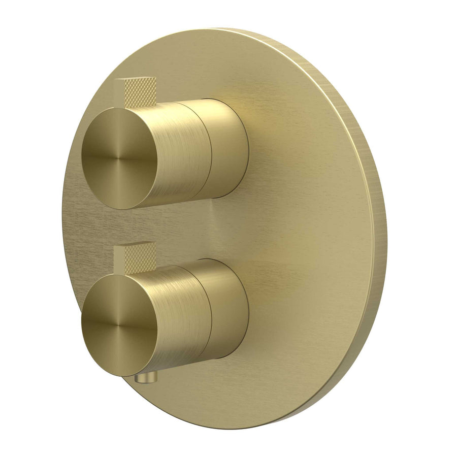IVY Afbouwdeel inbouwthermostaat met 2-weg stop-omstel met rond rozet, RVS316 gebr. mat goud PVD - productfoto - SKU 6201122