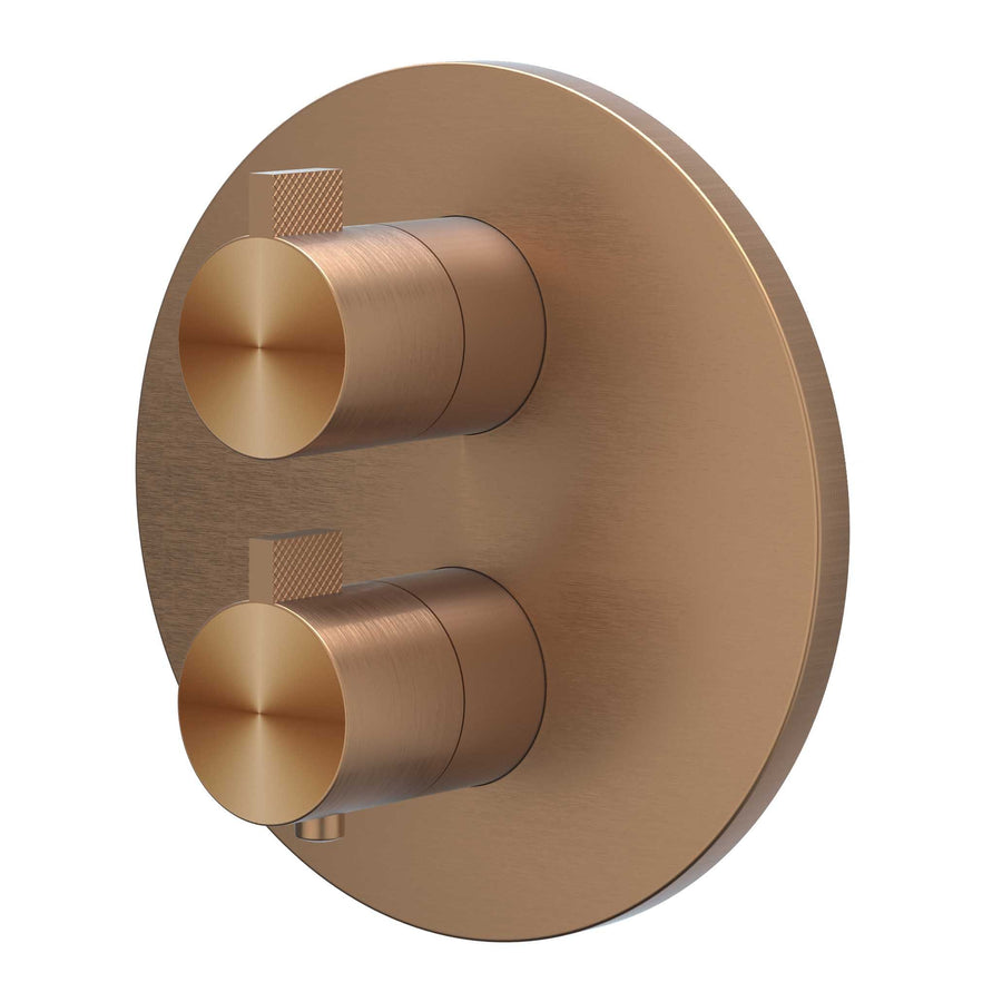 IVY Afbouwdeel inbouwthermostaat met 2-weg stop-omstel met rond rozet, RVS316 gebr. mat koper PVD - productfoto - SKU 6201123