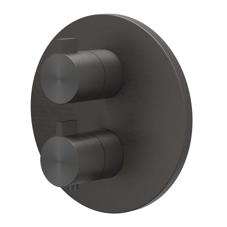 IVY Afbouwdeel inbouwthermostaat met 2-weg stop-omstel met rond rozet, RVS316 gebr. carbon black PVD - productfoto - SKU 6201124