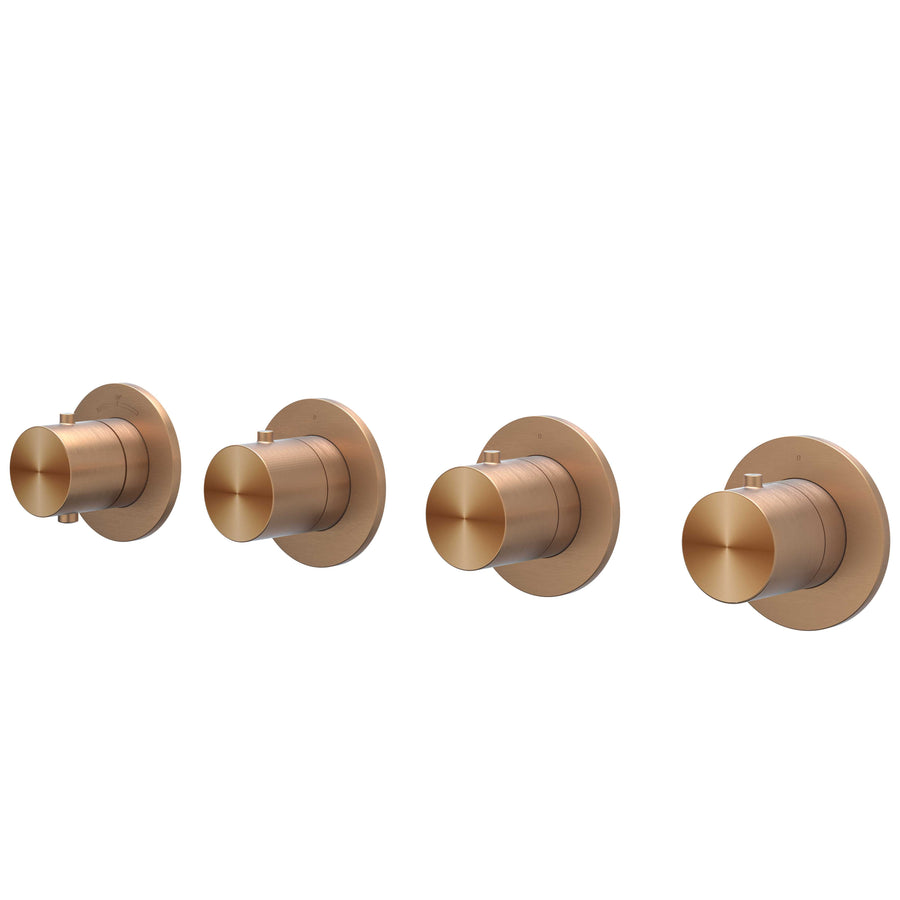 IVY Afbouwdeel inbouwthermostaat met 3 stopkranen symmetry met ronde rozetten, RVS316 gebr. mat koper PVD - productfoto - SKU 6201263