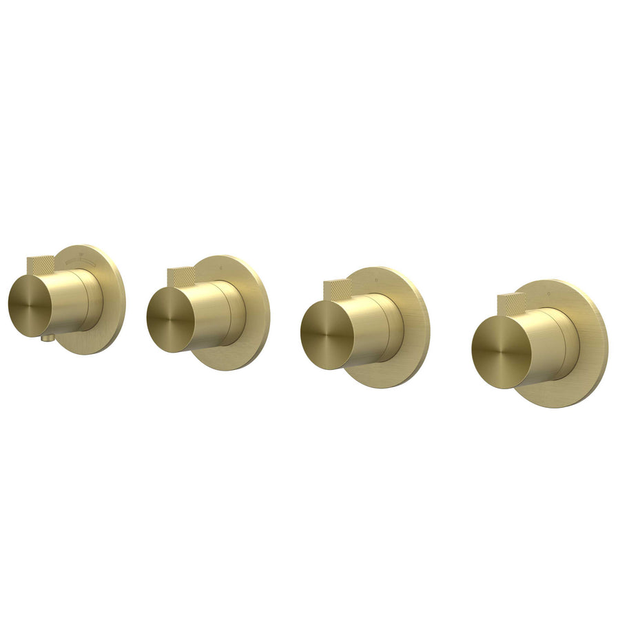 IVY Afbouwdeel inbouwthermostaat met 3 stopkranen symmetry met ronde rozetten – RVS316 gebr. mat goud PVD