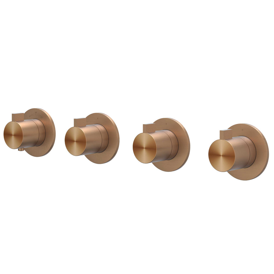 IVY Afbouwdeel inbouwthermostaat met 3 stopkranen symmetry met ronde rozetten – RVS316 gebr. mat koper PVD