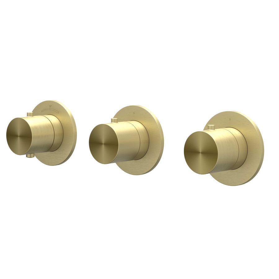 IVY Afbouwdeel inbouwthermostaat met 2 stopkranen symmetry met ronde rozetten, RVS316 gebr. mat goud PVD - productfoto - SKU 6201312