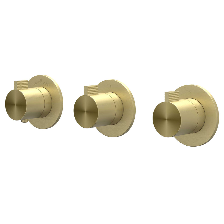IVY Afbouwdeel inbouwthermostaat met 2 stopkranen symmetry met ronde rozetten – RVS316 gebr. mat goud PVD