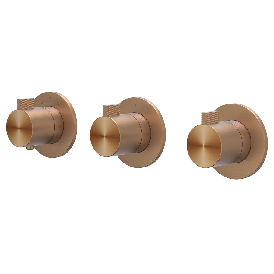 IVY Afbouwdeel inbouwthermostaat met 2 stopkranen symmetry met ronde rozetten, RVS316 gebr. mat koper PVD - productfoto - SKU 6201323