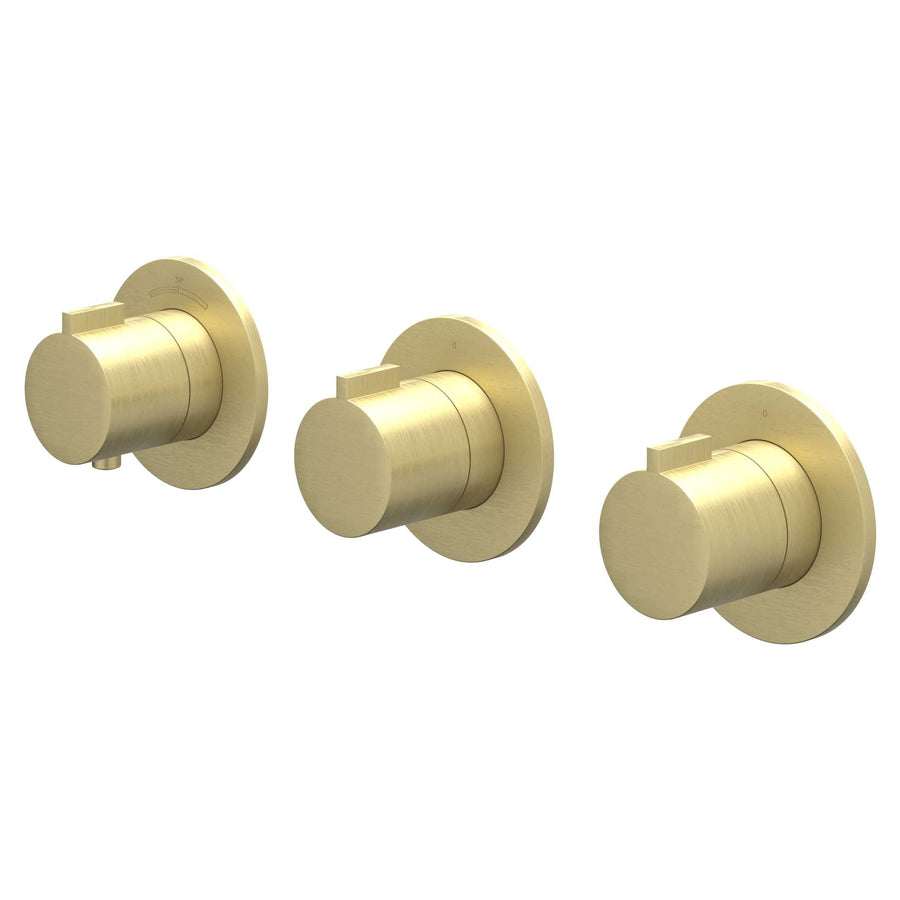 IVY Afbouwdeel inbouwthermostaat met 2 stopkranen symmetry met ronde rozetten, Gebr. mat goud PVD - productfoto - SKU 6202354