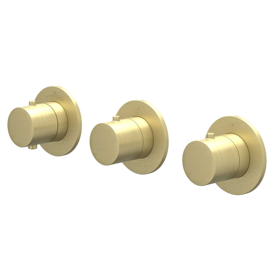 IVY Afbouwdeel inbouwthermostaat met 2 stopkranen symmetry met ronde rozetten, Gebr. mat goud PVD - productfoto - SKU 6202474