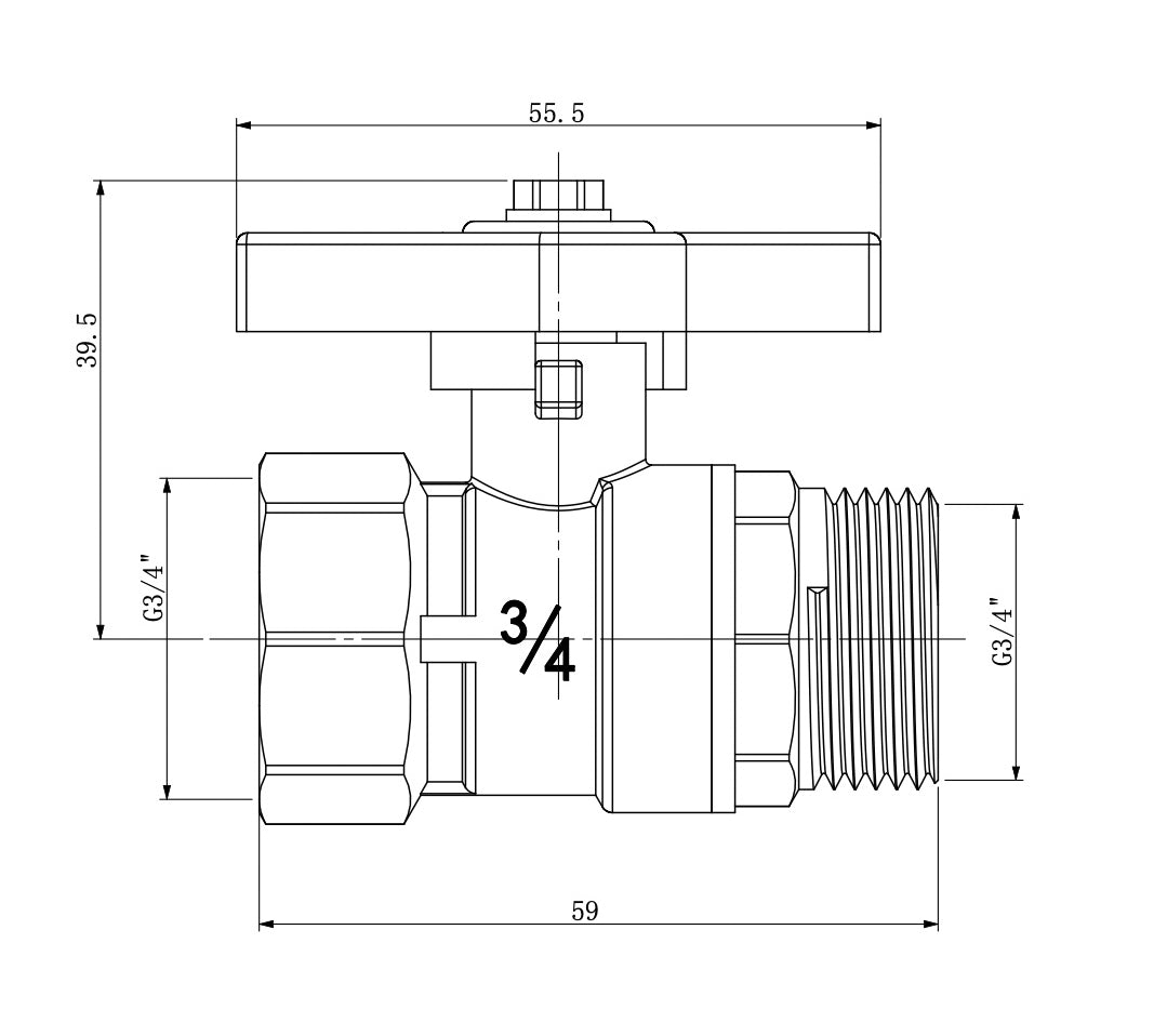 Riko kogelstopkraan met vlindergreep bi x bu 3/4" - technische tekening