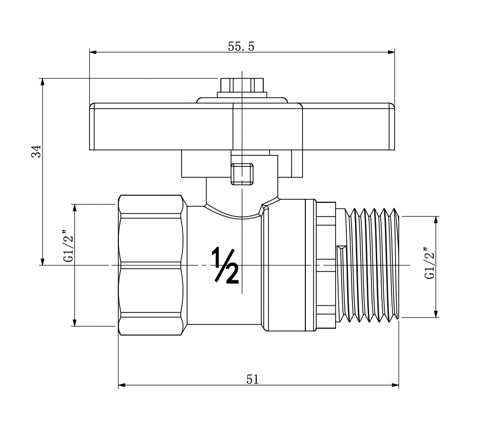 Riko kogelstopkraan met vlindergreep bi x bu 1/2" - technische tekening