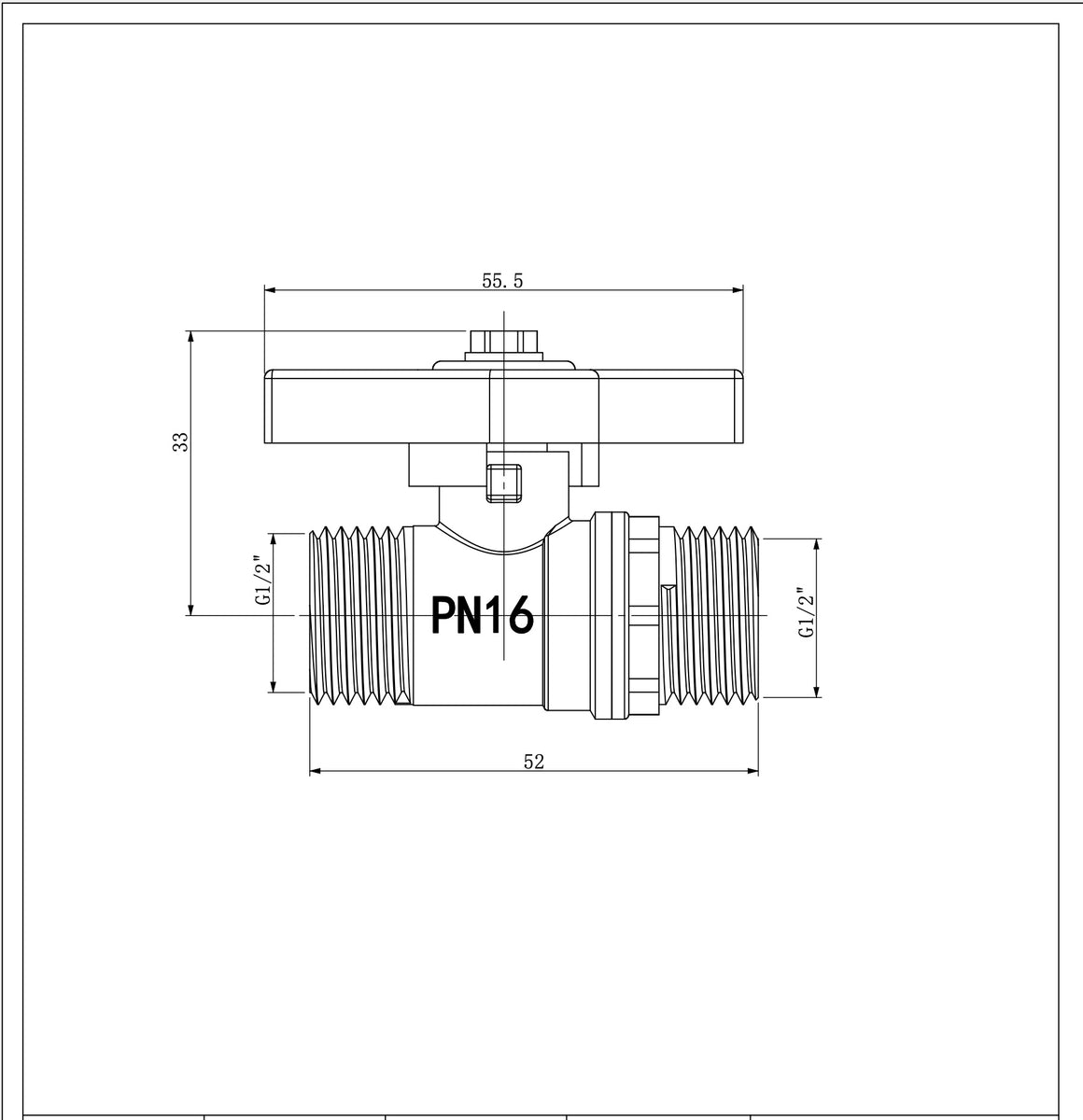 Riko kogelstopkraan met vlindergreep draad 1/2" - technische tekening