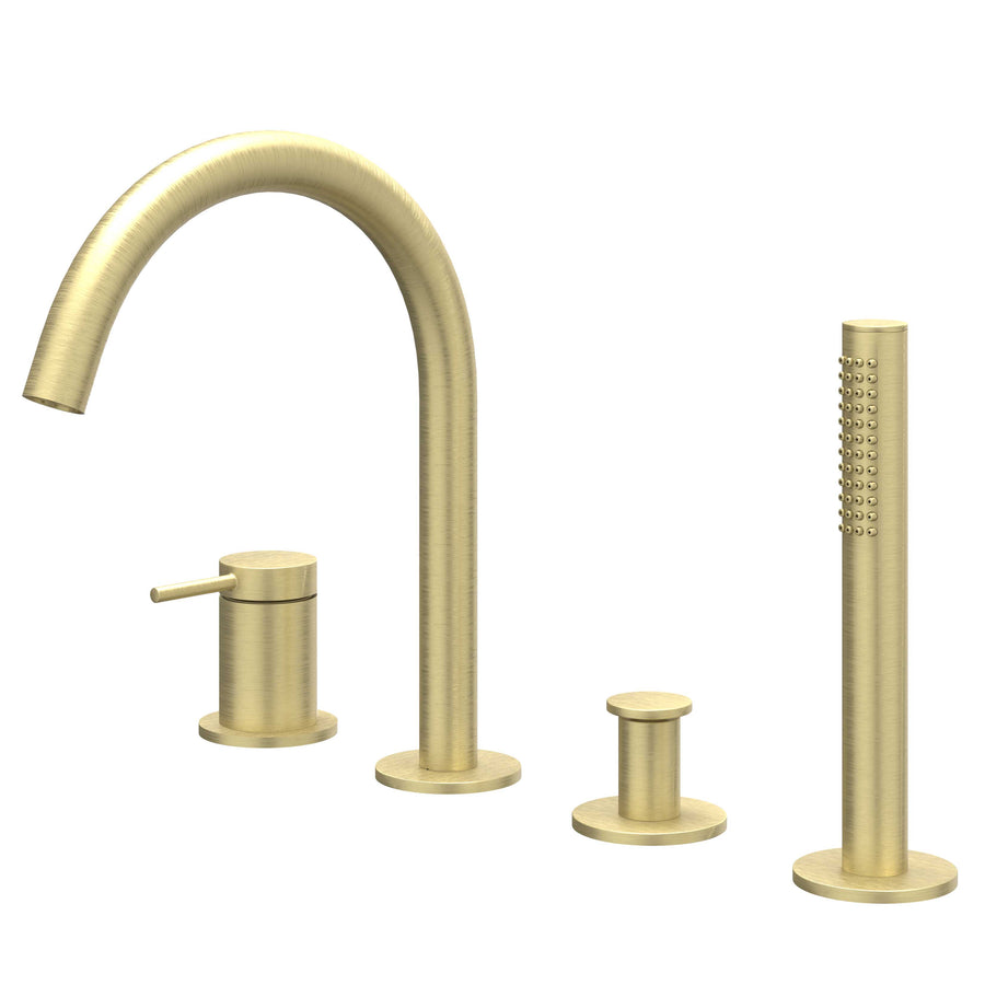 IVY Badrandcombinatie 4-gats mengkraan met draaibare uitloop uittrekbare handdouche, Gebr. mat goud PVD - productfoto - SKU 6301154