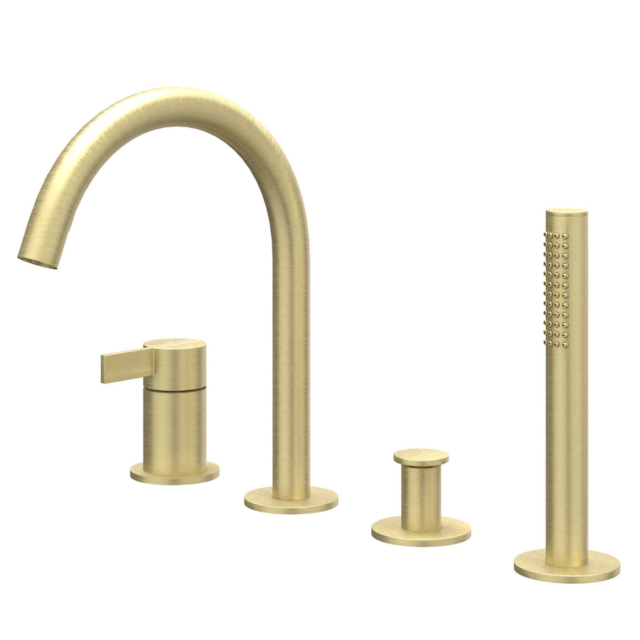 IVY Badrandcombinatie 4-gats mengkraan met draaibare uitloop uittrekbare handdouche, Gebr. mat goud PVD - productfoto - SKU 6302154