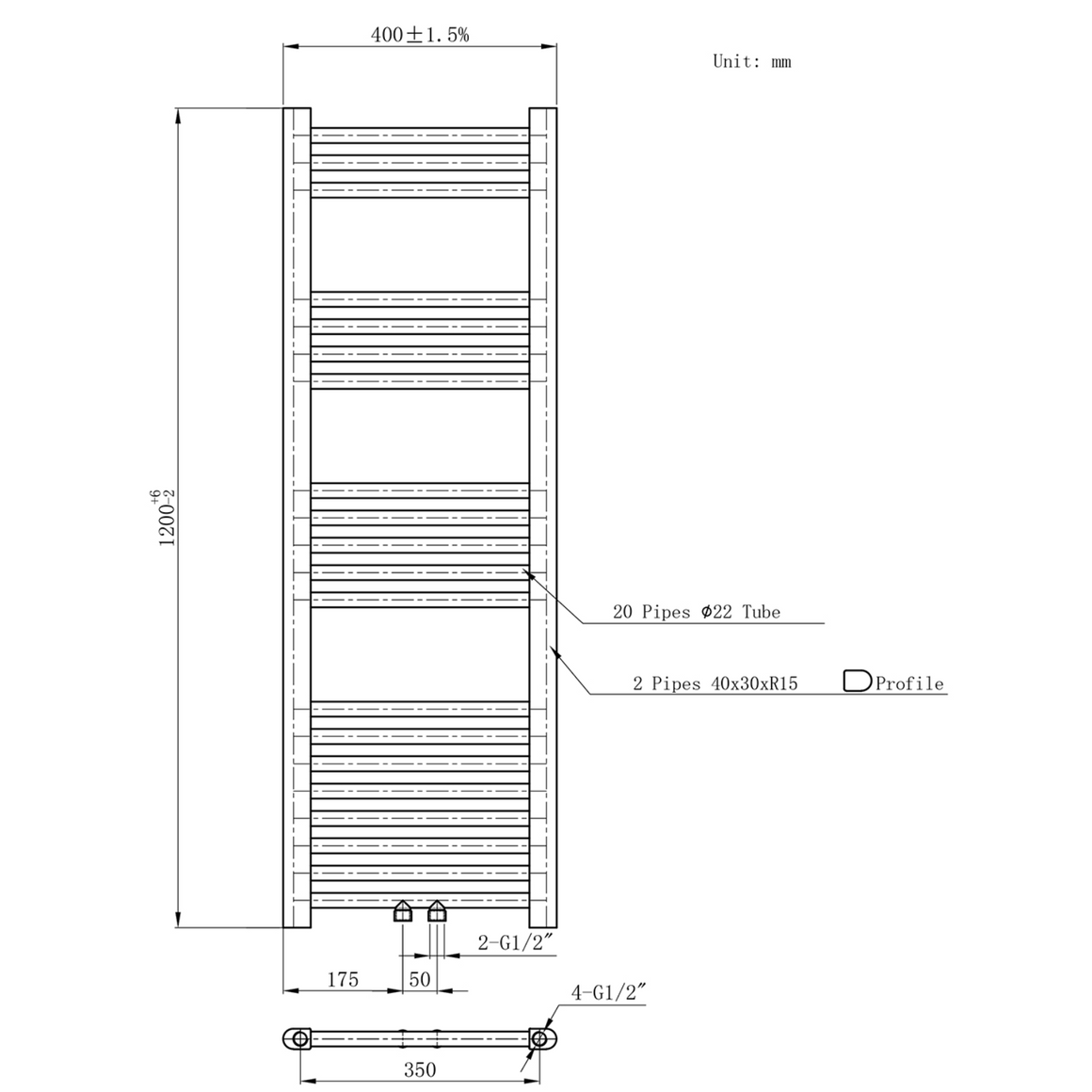 BELRAD Badkamer Radiator Zwart Mat Geborsteld – Middenaansluiting - technische tekening