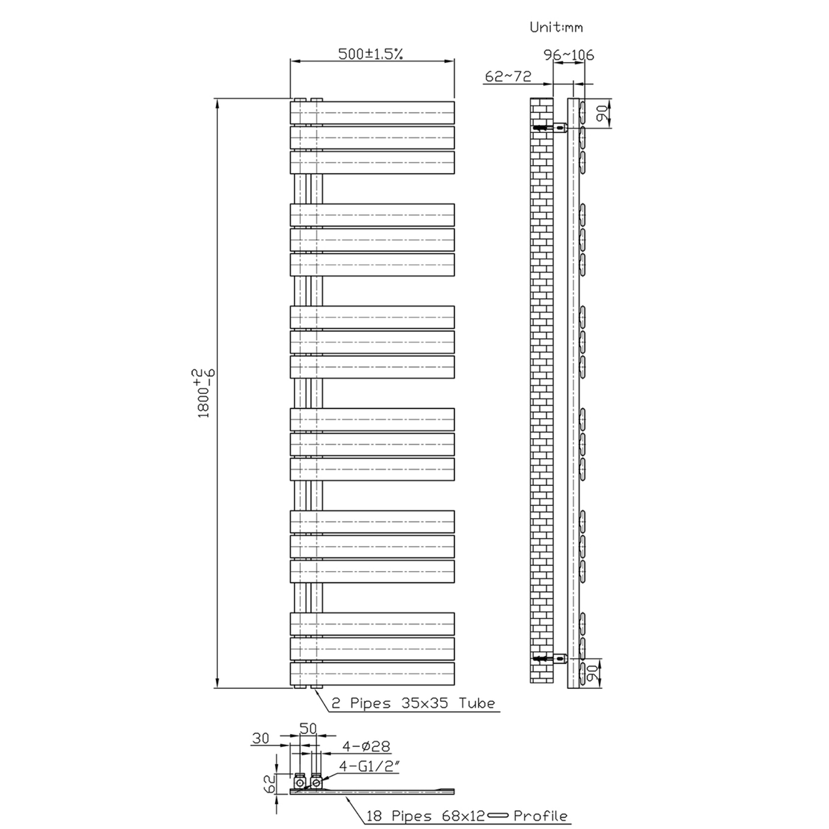 BELRAD Badkamer Radiator Wit – Linkeraansluiting/Combi