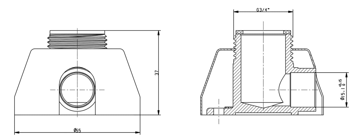 Riko muurplaatkoppeling met rozetten 2 stuks chroom 3/4" - technische tekening