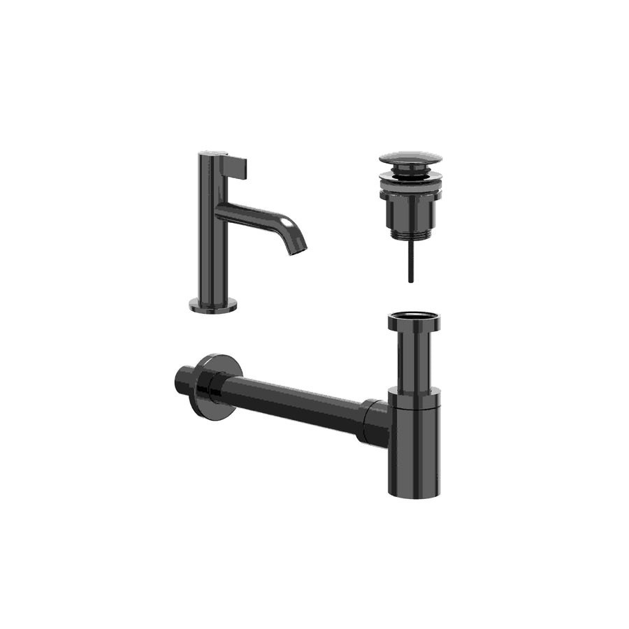 IVY Combiset: fonteinkraan staand model S, designplug always open & design sifon – Zwart chroom PVD