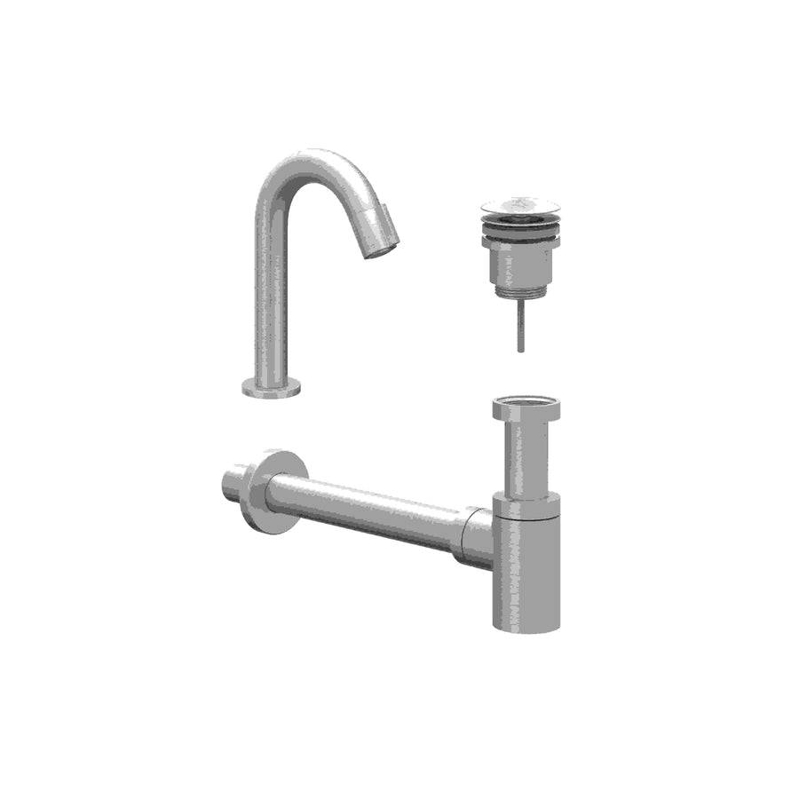 IVY Combiset: fonteinkraan gebogen staand model S, designplug always open & design sifon – Gebr. nickel PVD