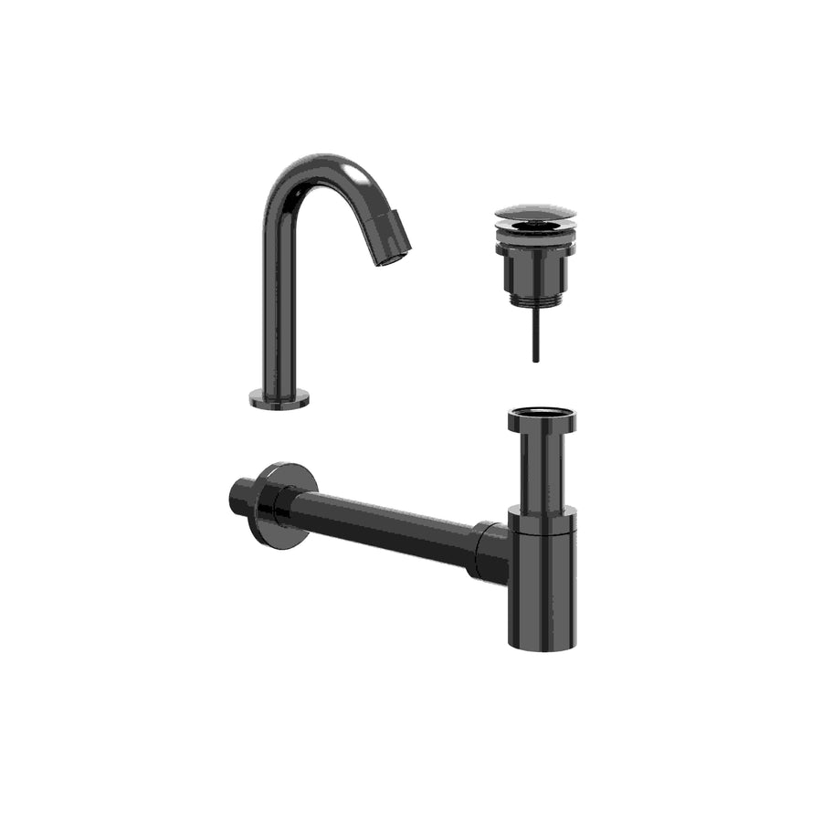 IVY Combiset: fonteinkraan gebogen staand model S, designplug always open & design sifon – Zwart chroom PVD