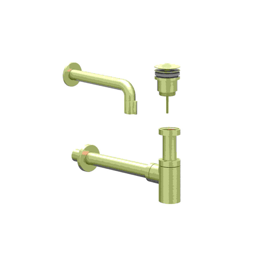 IVY Combiset: fonteinkraan wandmodel inkortbaar, designplug always open & design sifon – Gebr. mat goud PVD