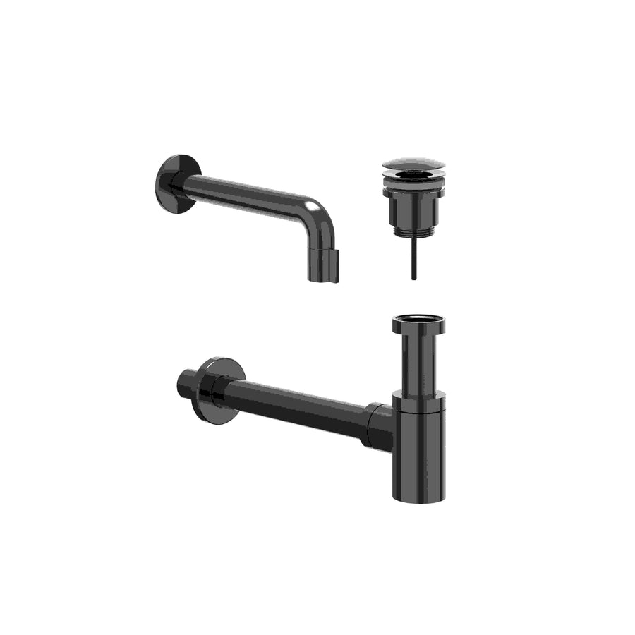 IVY Combiset: fonteinkraan wandmodel inkortbaar, designplug always open & design sifon – Zwart chroom PVD