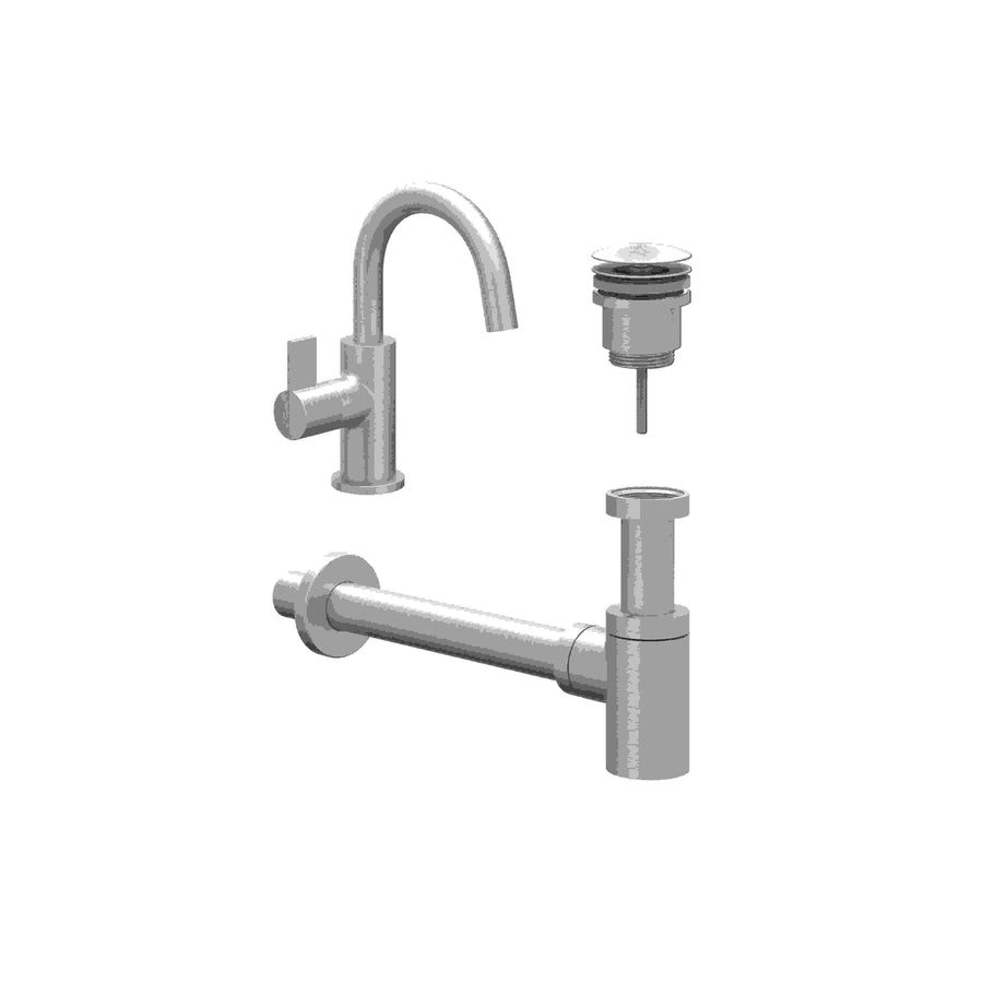 IVY Combiset: fonteinkraan met draaibare uitloop, designplug always open & design sifon – Gebr. nickel PVD