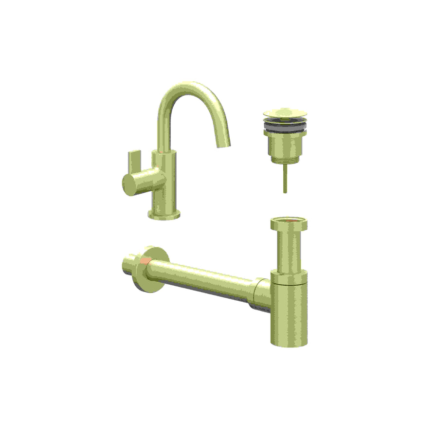 IVY Combiset: fonteinkraan met draaibare uitloop, designplug always open & design sifon – Gebr. mat goud PVD