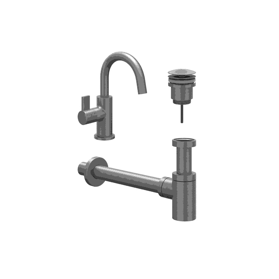 IVY Combiset: fonteinkraan met draaibare uitloop, designplug always open & design sifon – Gebr. metal black PVD