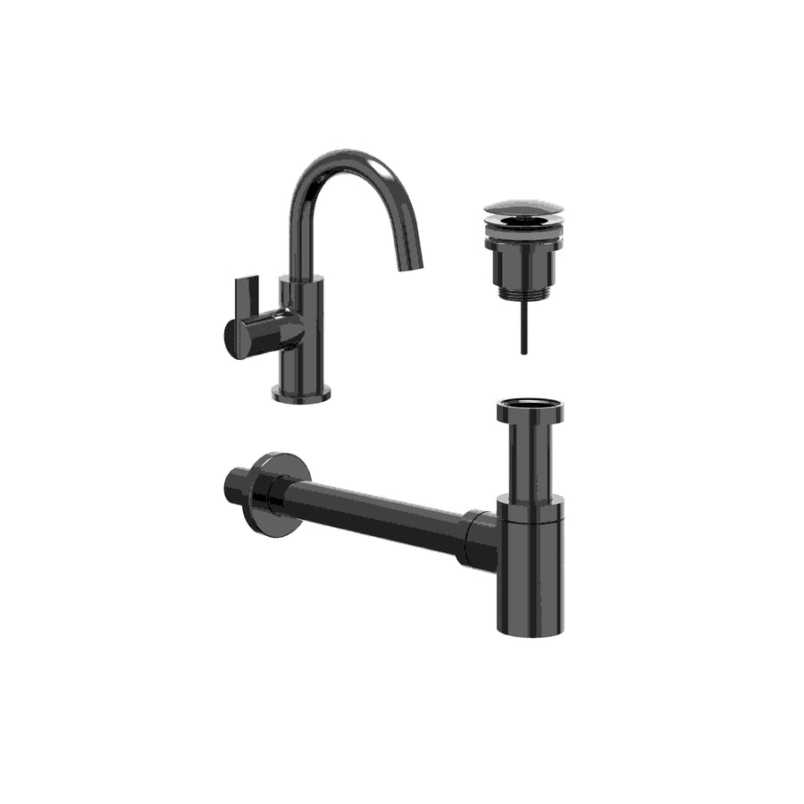 IVY Combiset: fonteinkraan met draaibare uitloop, designplug always open & design sifon – Zwart chroom PVD