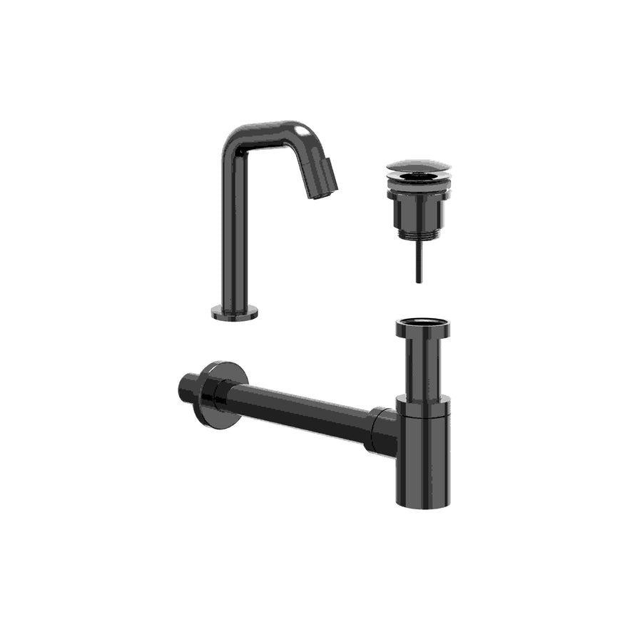 IVY Combiset: fonteinkraan contour staand model S, designplug always open & design sifon – Zwart chroom PVD