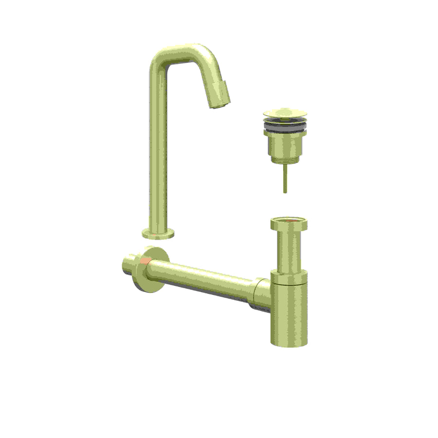 IVY Combiset: fonteinkraan contour staand model L, designplug always open & design sifon – Gebr. mat goud PVD