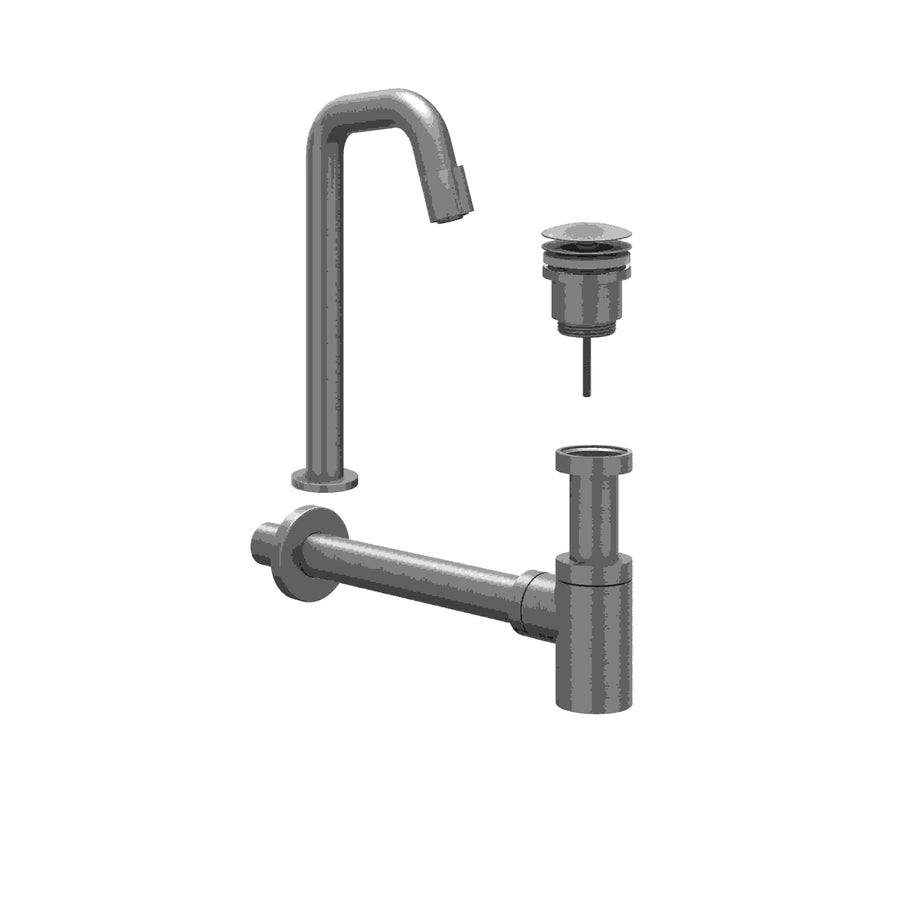 IVY Combiset: fonteinkraan contour staand model L, designplug always open & design sifon – Gebr. metal black PVD
