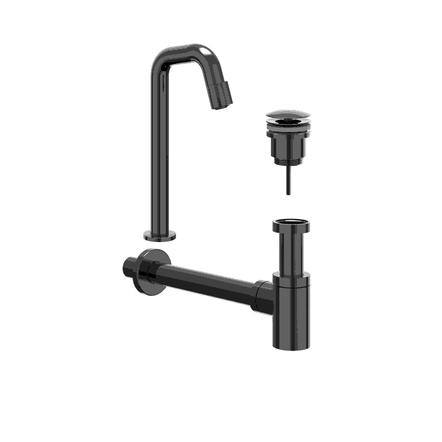 IVY Combiset: fonteinkraan contour staand model L, designplug always open & design sifon – Zwart chroom PVD