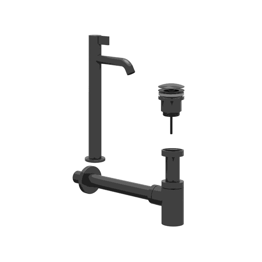 IVY Combiset: fonteinkraan staand model L, designplug always open & design sifon – Mat zwart PED