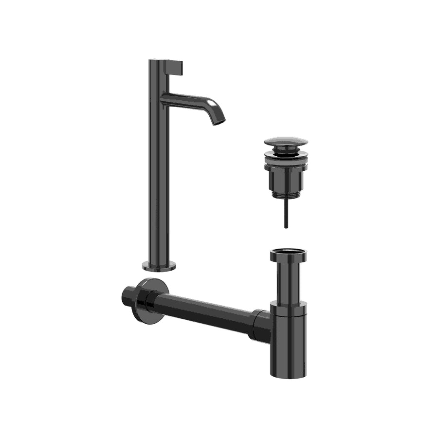 IVY Combiset: fonteinkraan staand model L, designplug always open & design sifon – Zwart chroom PVD