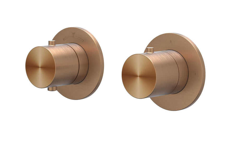 IVY Afbouwdeel inbouwthermostaat met 2-weg stop-omstel symmetry met ronde rozetten, RVS316 gebr. mat koper PVD - productfoto - SKU 6903253
