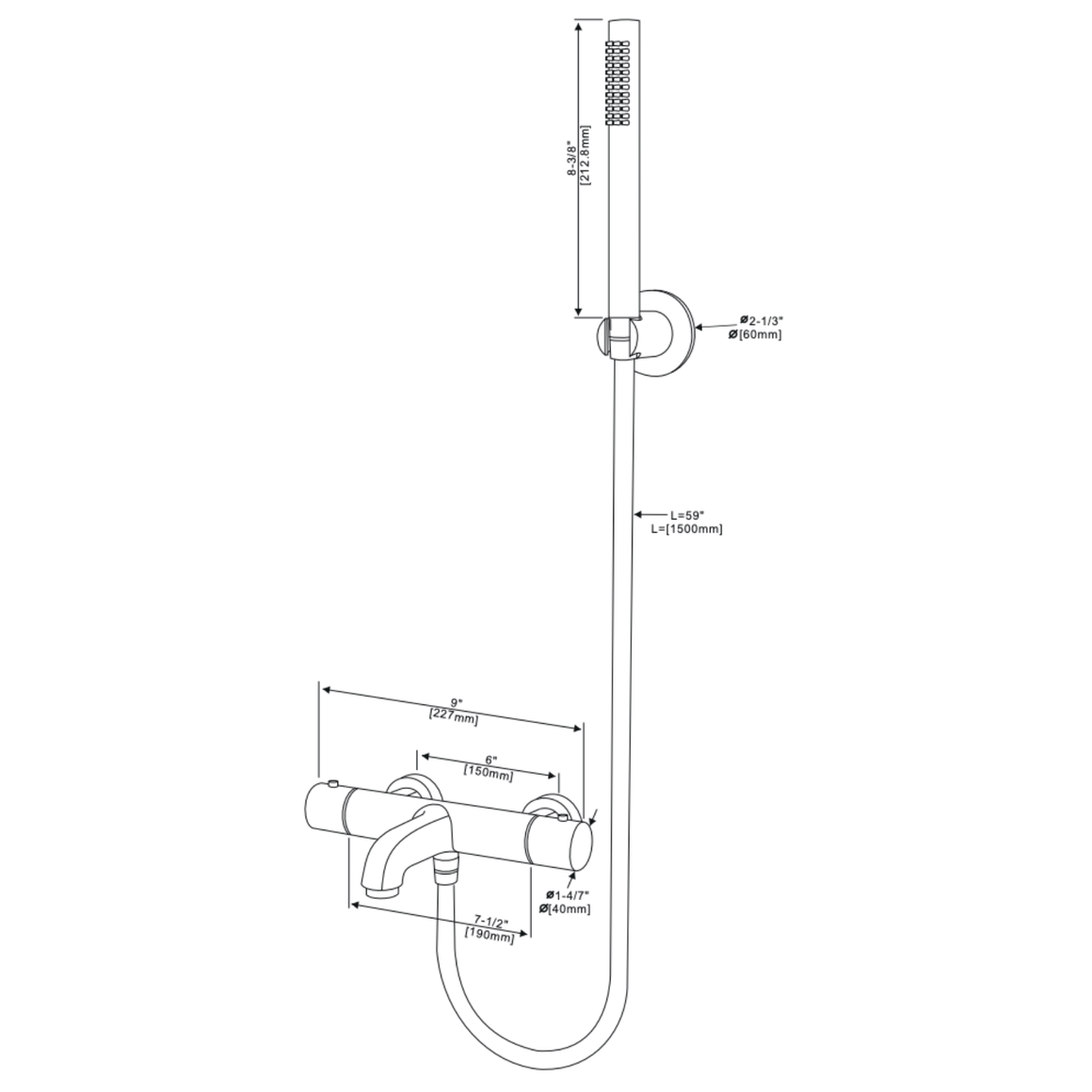 Aloni thermostatische bad- en douchemengkraan technische tekening