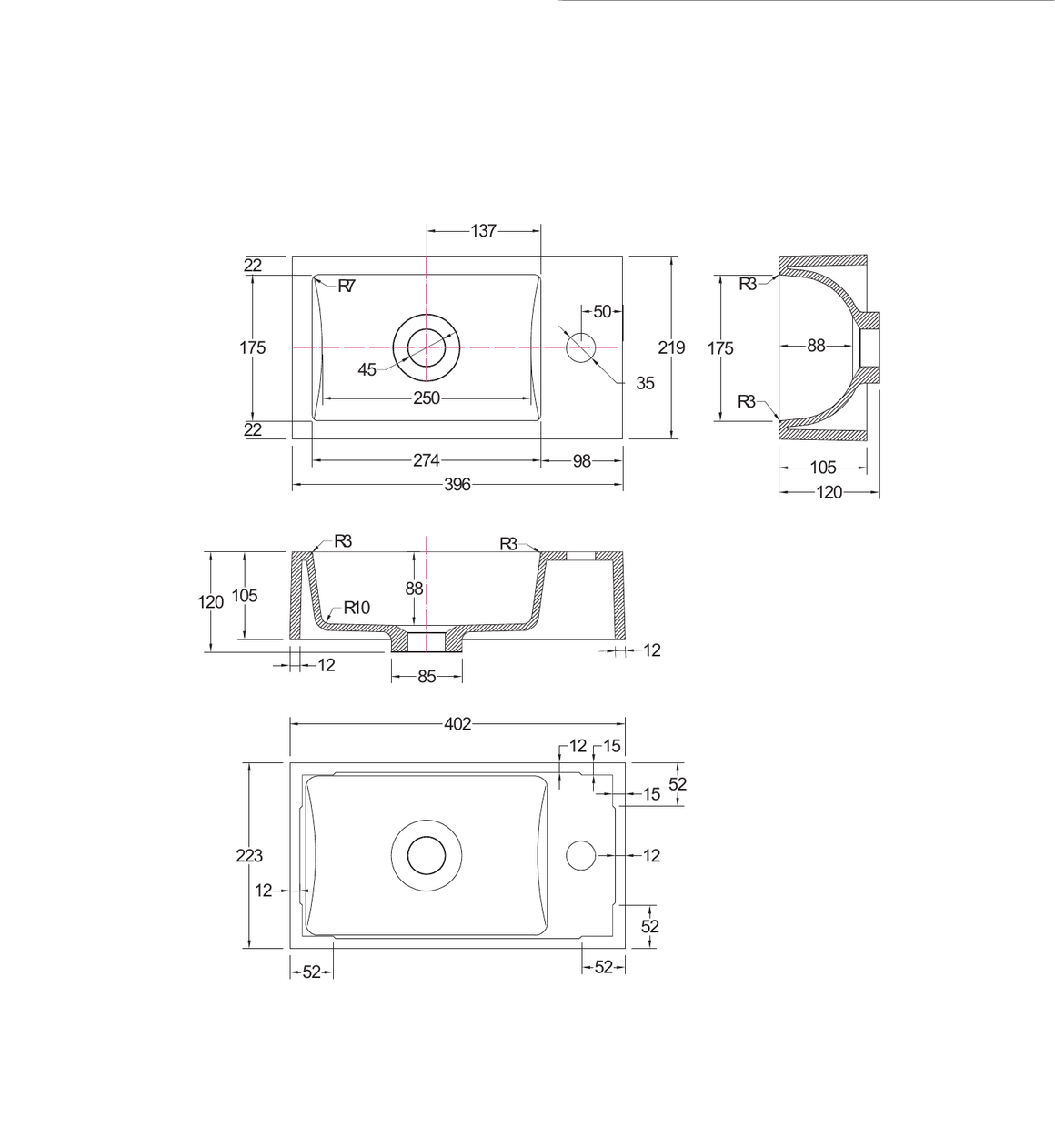 Aloni 711A-LRB mat zwart - technische tekening