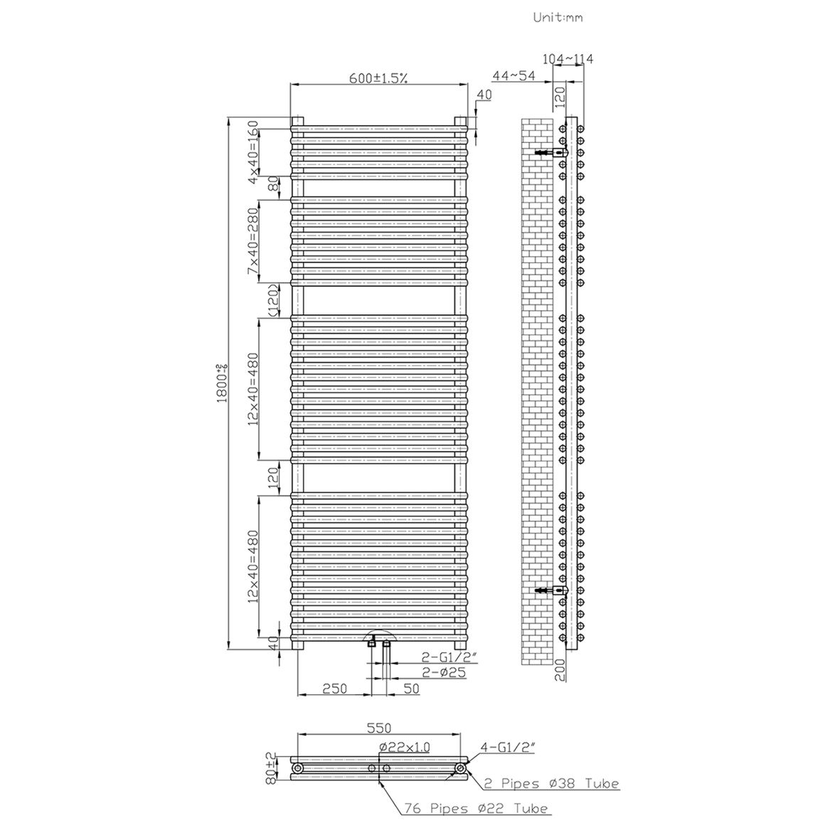 BELRAD Badkamer Radiator Double Wit – Middenaansluiting