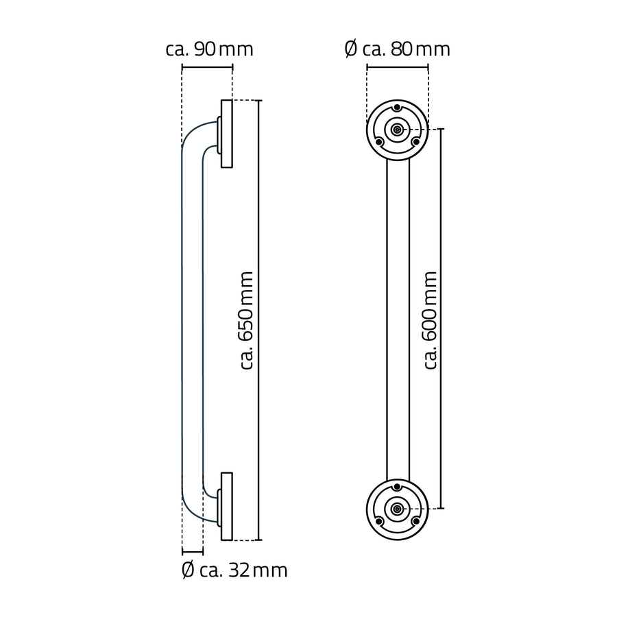 Ridder badgreep 60 cm wit aluminium - technische tekening